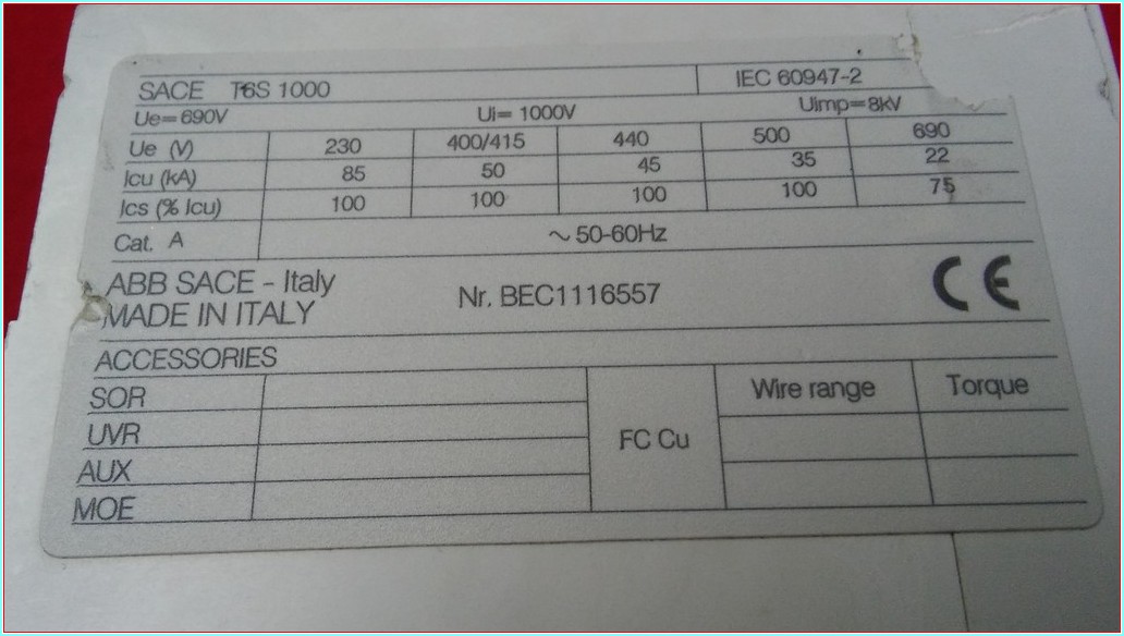 ABB SACE T6S 1000 1SDA060547R1 1SDA060548R1 SACE TMAX 1000A PR221DS TMŞ